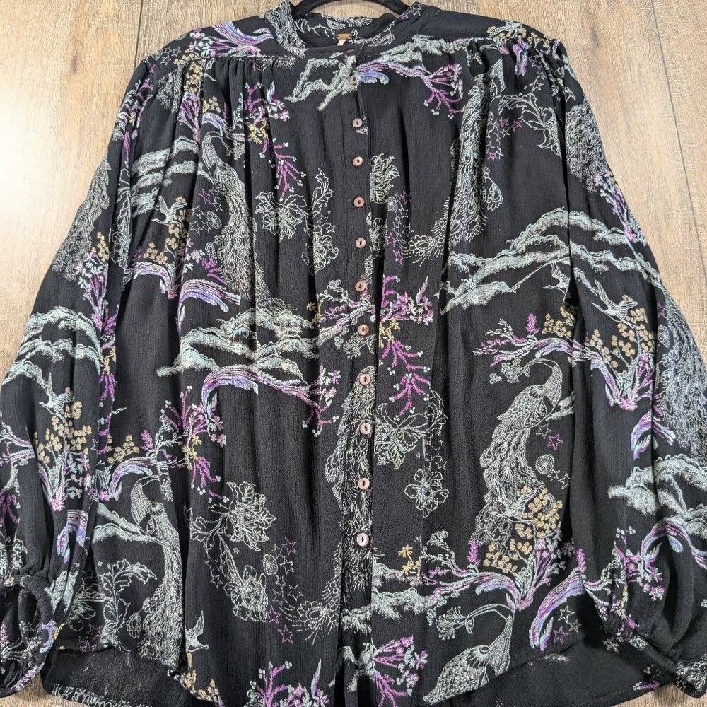 Free People Tunic Top Womens Small Black Floral Long Sleeve Oversized Flowy BOHO